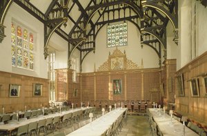 Interior view of the dining hall showing hammer beam ceiling, Trinity College, Cambridge