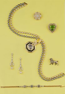Selection of jewellery: Art Deco style cultured pearl necklace with yellow and blue sapphires; diamond and pearl pendant earrings; opal and rose diamond cluster star brooch; rose diamond poodle brooch