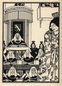 A court largely feminine appears to the Baron an irony worthy of mention among his adventures. Illustration by William Strang and JB Clark from The Adventures of the Baron of Munchausen by Rudolf Erich Raspe by Unbekannt