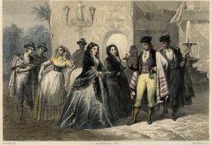 A gallant scene in Mallorca, a young man offers a flower to a girl. in the book on the Mediterranean by Louis Enault (1824-1900), a French journalist and traveler.