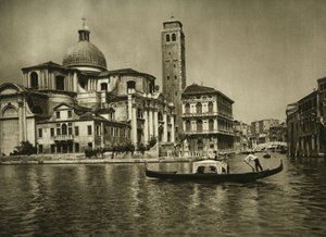 A gondola in the Grand Canal opposite the Church of Saint Jeremiah in the neighborhood of Cannaregio, Venice