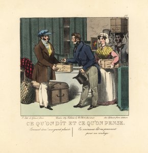 A Line of People Bringing Boxes and Crates to a Porter. He says, Of course, with pleasure. He thinks, These animals take me for a conveyor belt! Handcoloured lithograph by the Gihaut brothers after an illustration by Swiss artist Jean Gabriel Scheffer from