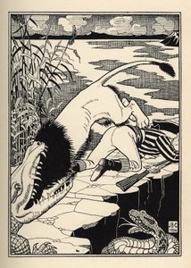A lion who wanted to attack the Baron de Munchausen ended up with a crocodile. Illustration by William Strang and JB Clark from The Adventures of the Baron of Munchausen by Rudolf Erich Raspe by Unbekannt