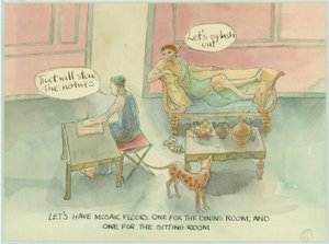 A Reconstruction Illustration Showing Two Characters in Their Newly Built Villa and Considering Adding a Mosaic Floor, in the Book Marcus and Julia