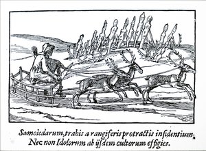 A sledge being pulled by reindeer in Northern Siberia by Unbekannt