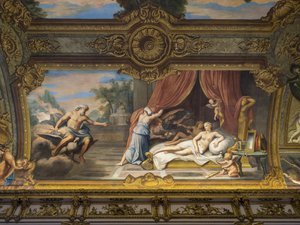 Allegory of Fire Representing Jupiter and Semele, Louis XIII Visiting Anne of Austria. Painting of the Vault of the Galerie Doree, by Francois Perrier