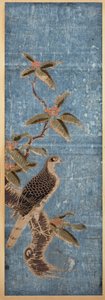An Ishizuri-e Depicting a Falcon Perched on a Nanten Branch, Set Against a Blue Background by Unbekannt