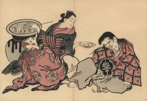 An oiran courtesan playing two shojo with sake from a huge vase. Woodblock print by Masanobu Okumura (1686-1764) from Fuzoku Emakimono, Picture Scroll of the Water Trade, Tokyo, reprint circa 1880.