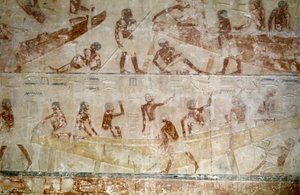 Ancient Egypt: Saqqarah: necropolis of the Old Empire, tomb of noble. Detail of the reliefs representing the construction of a boat