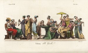 Ancient Greek women at their toilet: washing hair in a font, trying on clothes, arranging hair, admiring a necklace, etc