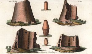 Ancient Viking monuments from a German province close to Scandinavia, and some urns taken from Danish and Swedish tombs. Handcoloured copperplate engraving by Giarre and Stanghi from Giulio Ferrario
