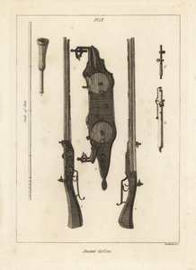 Ancient Carbine with Two Charges in the Same Barrel Fired by Two Flintlocks, Flintlocks, Ramrod, and Spanners by Unbekannt