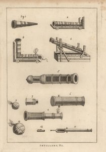 Ancient guns from Valturinns, Uffano 1-7, fanciful elbow-piece mortar 3, bombard 8, bombs 9,10, and perrier stone-thrower chambers 11,12 by Unbekannt