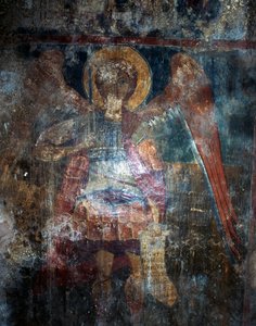 Angel, fresco in Byzantine church of Agios Constantinos and Agia Eleni, Voukolies, Crete, Greece