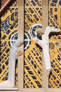 Annunciation sculpture in Notre-Dame de Consolation church designed by Raymond Vaillant, Hyeres, France