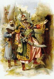 Arabian Nights: Ali Baba and the Forty Thieves: the leader of thieves saying "Open Sesame", advertisement for "Le Bon Marche" c. 1900