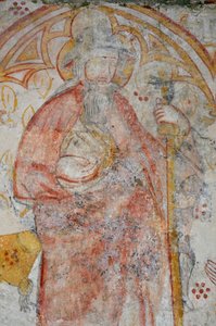 Avy, Church Notre Dame. 14th century mural (Virgin and Child surrounded, worship by pilgrims accompanied by their Holy Patrons)