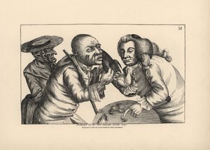 Bankrupt Toby and wife Doxy begging for cheese and ale in a tavern. Copperplate engraving by Thomas Sanders after a satirical illustration by Timothy Bobbin (John Collier) from Human Passions Delineated, John Haywood, Manchester by Unbekannter Künstler