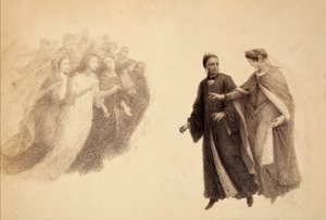 Beatrice, in the firmament of Paradise, indicates a group of souls to Dante. Illustration of the Canto III of Paradiso of The Divine Comedy of Dante Alighieri. Work of Francesco Scaramuzza dedicated to the Municipality of Florence. by Unbekannter Künstler