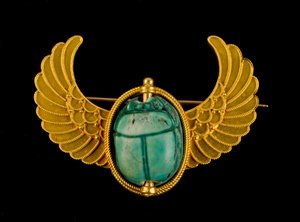 Blue Glazed Steatite Scarab Set in a Gold Winged Pin