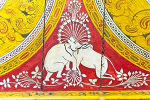Buddhist painting on wood; optical illusion; elephant and cow with just one head; Dowa Temple; rock temple; Bandarawela; Badulla Province; Uva Province; Sri Lanka; Asia by Unbekannt