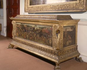 Cassone, with painted panels depicting the Battle of Pharsalia from the History of Pompey and Caesar, Florentine School