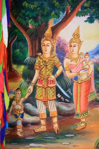 Ceiling Artwork Depicting the Life of Buddha. Wat Si Sou Mang Karam Temple, Vang Vieng, Laos, 2015