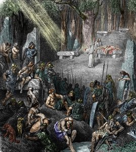 Human Sacrifice During a Ceremony Chaired by a Druid in Presence of Families and Warriors in a Forest (engraving) by Leopold Blonder