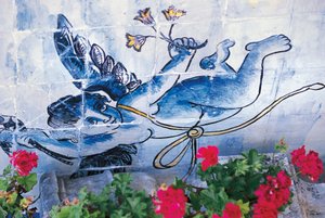Cherub, azulejos tiles, Palace of Marquises of Fronteira, Lisbon, Portugal (detail)