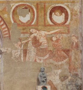 Church (Église Saint-Martin). Interior. Wall paintings. West wall of the nave. (detail) Descent of the cross. 12th century.