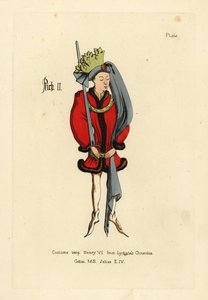 Costume of King Richard II, in short full tunic edged with fur, belted at the hips with a girdle, pointed shoes, roundlet headdress with long tail and crown of fabric cut in the form of leaves by Unbekannt