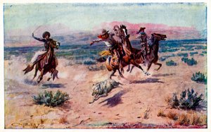 Cowboys on horseback roping a wolf