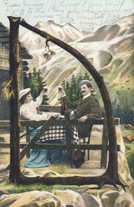 A man and a woman sitting at a table in front of a mountain chalet, toasting with a glass of wine - Alphabet characters Ref Th. E., L. Theochrom - Series 994. Theodor Eisman, publisher, Leipzig by Unbekannt
