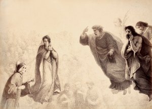 Dante and Beatrice in front of the bright spirits of the apostles Peter, James and John. Peter has his arm raised in a sign of wrath. Illustration of Canto XXVII in Paradiso of The Divine Comedy by Dante Alighieri. Work of Francesco Scaramuzza by Unbekannter Künstler