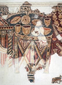 (Detail) from a Mosaic Floor Depicting the Offering Table with Cups, Bowls and Loaves of Bread from the Samaritan Synagogue at El-Khirbe, West Bank, 4th Century AD by Unbekannt