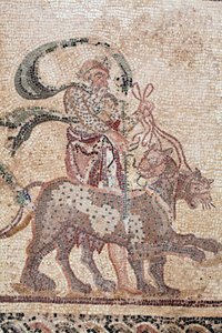 The Triumph of Dionysos - Return of the god from a military expedition to India - Silenus holding the reins of the Panthers - Paphos mosaics, House of Dionysos, End of the 2nd Century AD - Cyprus - (detail) by William M. Timlin