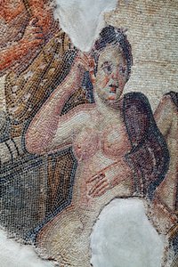 (detail) Panel showing Leda, queen of Sparta, in the company of the lacedaemonian girls, being about to take a bath in the Eurotas river - She is being approached by Zeus disguised as a swan - Paphos Mosaics, House of Aion, 3rd Century AD - Cyprus