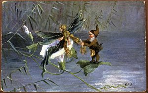 Dwarf Braiding a Fairy, Early 20th Century (Postcard)