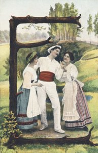 E: A Man Dressed in White and Red Standing Between Two Women Wearing Skirts, Bodices, and Aprons. Countryside Setting - Alphabet Characters Ref Th. E., L. Theochrom - Series 994. Theodor Eisman, publisher, Leipzig