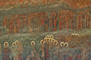 Europe, Romania, Bucharest, Patriarchal Orthodox Cathedral (1656), Wall Fresco Next to the Entrance