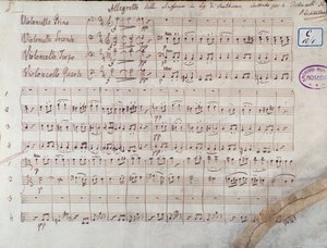 First Page of the Score for Four Cellos of Symphony No. 7 in A Major, Op. 92, by Ludwig van Beethoven