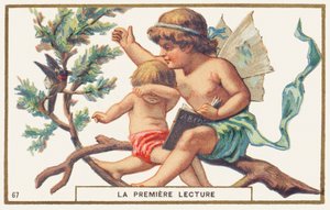 First reading, white background. Advertising chromolithography depicting two children sitting on a branch. The largest, with wings in the back (an angel?) holds an abecedary open in one hand; with his other hand he wants to hunt a bird that bothers the lec by Unbekannter Künstler