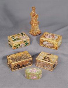 Four Louis XV Style Enamelled Gold Snuff Boxes, Stroganoff, and German Monkey Snuff Box
