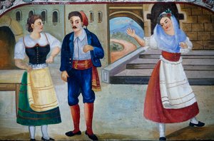 Gallant scene with costumed characters, wood panel painting (detail)