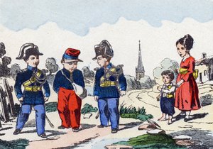 Gendarmes. Engraving in "Alphabet militaire enfantin". Imagery of Pont-a-Mousson, circa 1890
