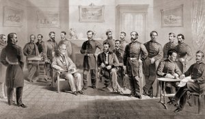 General Ulysses S. Grant (seated centre right) and General Robert E. Lee (seated centre left) with their respective staff at the Appomattox Courthouse, Virginia where General Lee surrendered the Army of North Virginia and thus ended the American Civil War