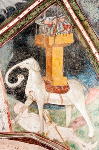Gothic fresco; Eleazar Awaran kills the War Elephant Soliman and is crushed by it; 3. Cloister; Cathedral; Brixen; South Tyrol; Italy; Europe by Unbekannt