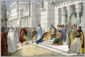 Dido, founder and first queen of Carthage, receives Aeneas, the hero of the Trojan War (Hand-colored engraving of the 19th century)