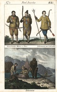 Greenland dwellers wearing skins and one Inuit from Labrador (Canada) with a trident. Below is a daily scene of Inuit family life in front of an igloo, a tent and a canoe, North America. Lithography for the book: “Galerie complete en tableaux fideles des p by Unbekannter Künstler