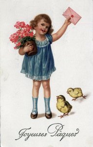 Greeting card for Easter: a little girl bringing a sealed letter accompanied by two chicks - Postcard by Unbekannt